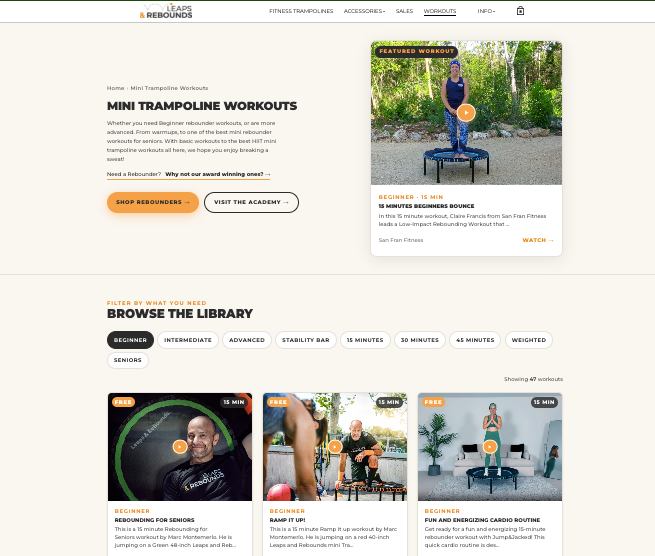 The Leaps and Rebounds free mini trampoline workout library page, featuring a San Fran Fitness workout