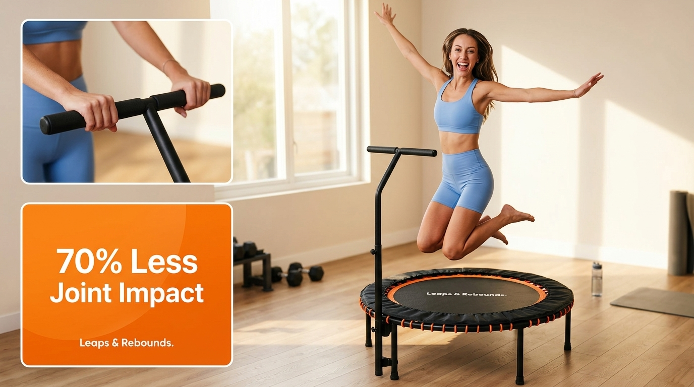 Woman mid-jump on a Leaps and Rebounds rebounder with 70% less joint impact callout