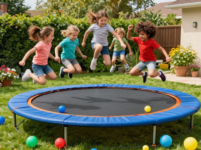 Children jumping on a trampoline with colorful balls.