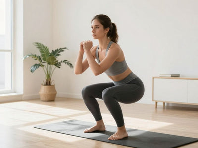 Beginner performing a bodyweight squat in a home gym.