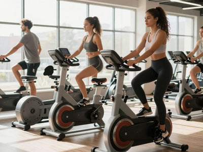 People riding modern exercise bikes in bright gym