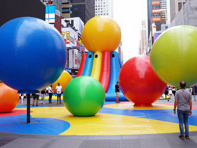 Times Square art installation with colorful trampolines.