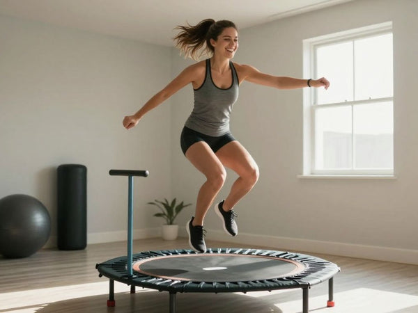 Woman happily rebounding on a mini-trampoline for exercise.