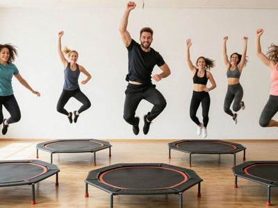Celebrities exercising on trampolines, smiling and jumping.