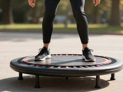 Person energetically rebounding on a fitness trampoline.