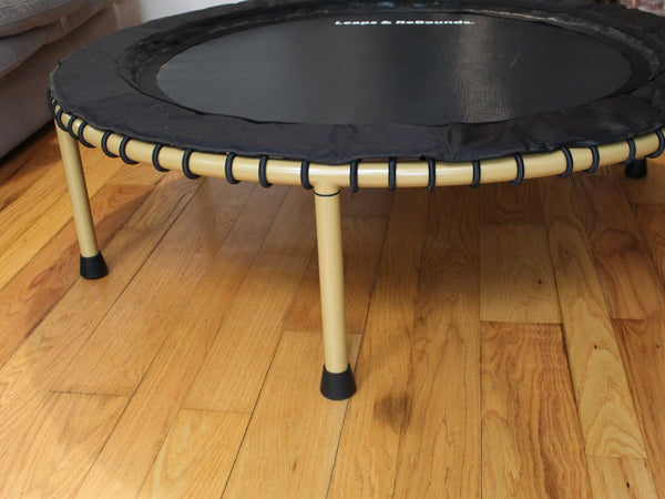 Small indoor trampoline on wooden floor near a couch.