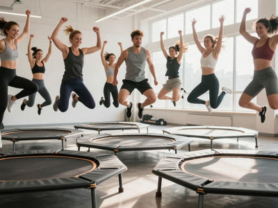 Celebrities joyfully jumping on trampolines for fitness.