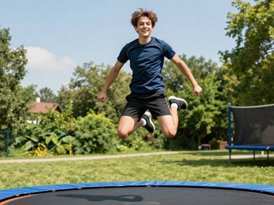 Person jumping on backyard trampoline for exercise