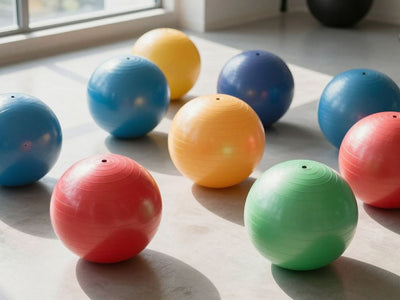Various exercise balls on a gym floor.