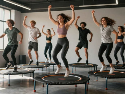 People jumping on mini-trampolines in a fitness class.