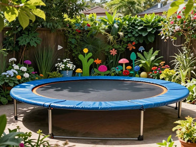 Trampoline transformed into a garden feature with plants and flowers.