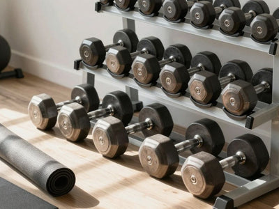 Various dumbbells on a rack in a home gym.