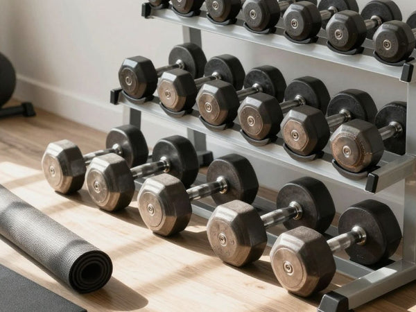 Various dumbbells on a rack in a home gym.