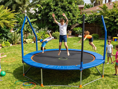 Kids doing fun activities on a backyard trampoline