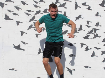 Person jumping in front of a wall with bird murals.
