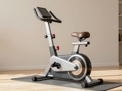 Upright exercise bike in a home gym.