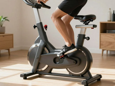 Modern exercise bike in a sunlit home gym.