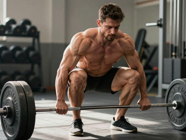 Man performing a barbell squat, focusing on quads.
