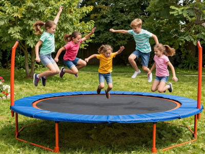 Happy kids jumping on a backyard trampoline in summer.