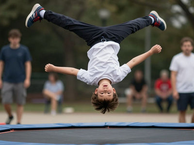 Child doing a somersault on a trampoline.