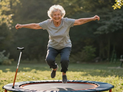 Elderly woman joyfully jumping on a trampoline.