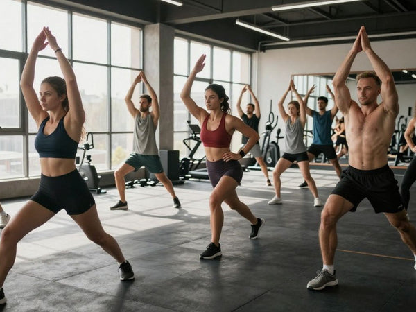 People exercising in a bright, modern gym.