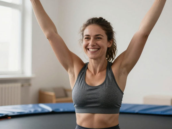 Woman celebrates weight loss on a trampoline.