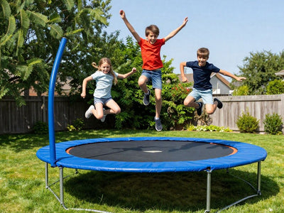 Backyard trampoline with kids jumping joyfully.