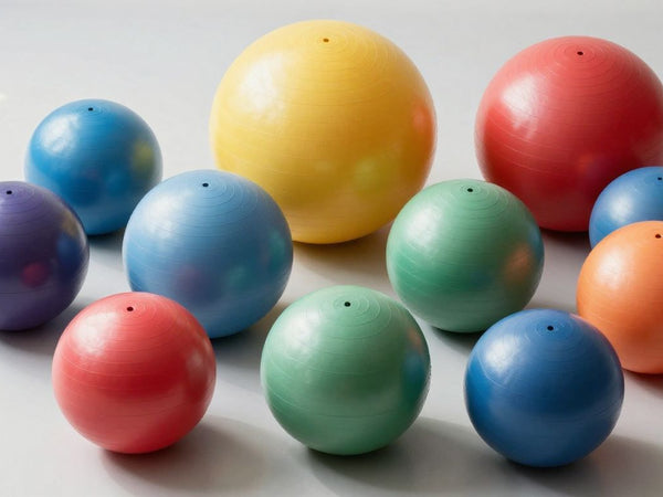 Various exercise balls in different sizes and colors.