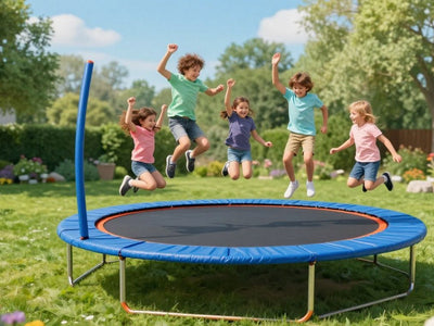 Children jumping on a trampoline in a backyard.