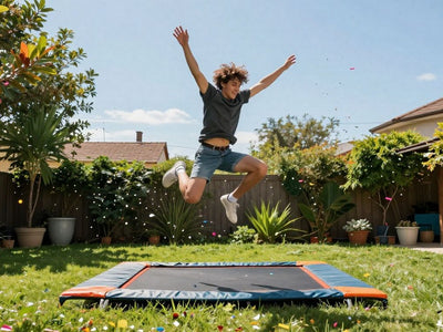 Person bouncing high on a trampoline outdoors.