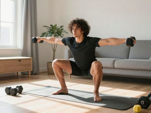 Beginner strength training at home with dumbbells.