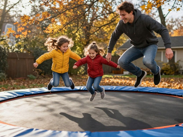 Family jumping on a trampoline during Black Friday sale.