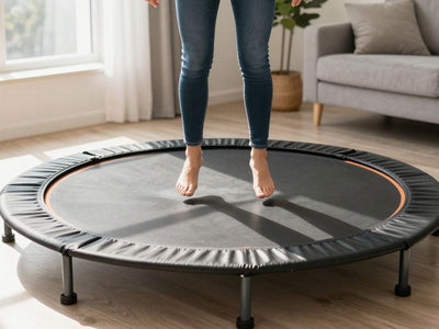 Person bouncing on a mini trampoline for health.