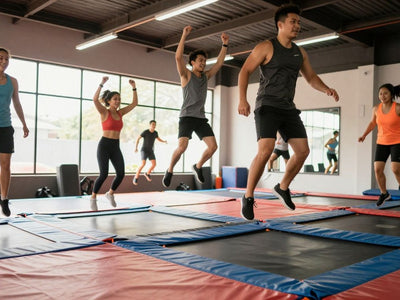 People exercising on trampolines in Indonesia.