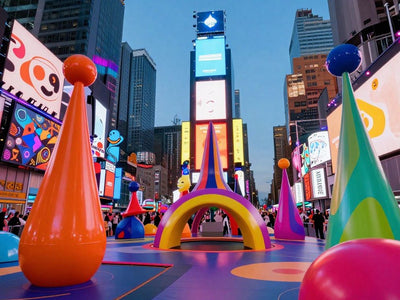 Times Square art installation with colorful trampolines.