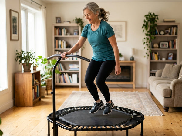 A person in their fifties bouncing on a black bungee rebounder in a bright living room, one hand resting lightly on the curved stability bar attached to the frame