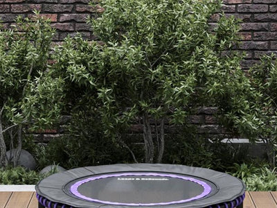 Small trampoline on wooden deck, brick wall and bushes behind.