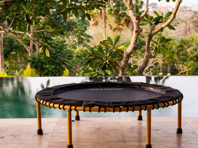 Small trampoline on patio, overlooking pool and lush greenery.