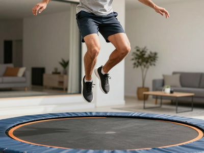 Person bouncing high on a home trampoline.