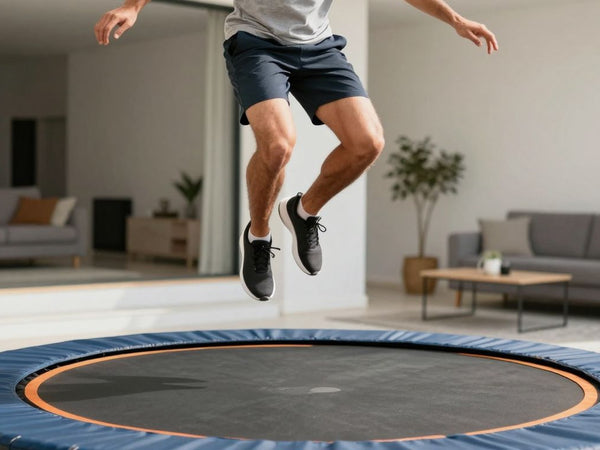 Person bouncing high on a home trampoline.
