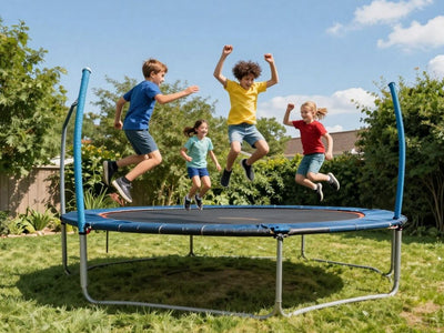 Medium backyard trampoline with kids jumping.