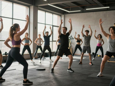People exercising in a bright, modern gym.