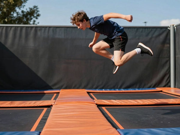 Beginner performing an epic jump on a trampoline.