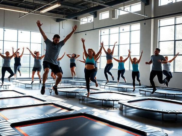 People jumping on trampolines in a fitness studio.