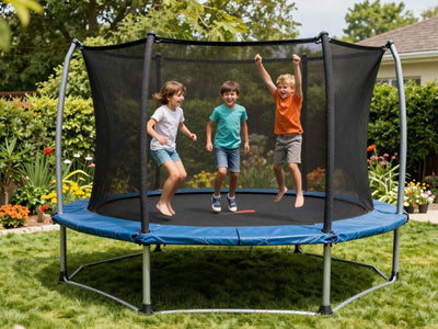 Square trampoline in a sunny backyard with kids jumping.