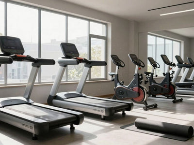 Home gym with treadmills, bikes, and weight racks.