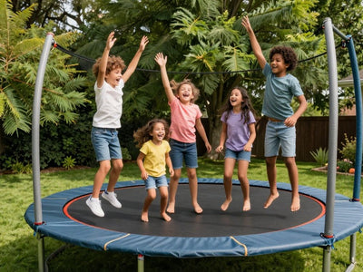 Family enjoying a trampoline in a backyard.