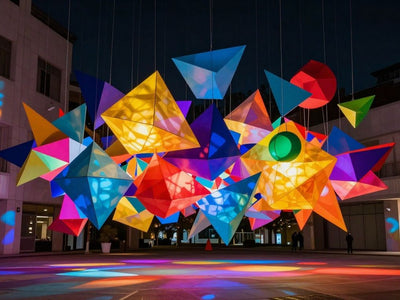 Colorful art installation glowing in an urban setting.
