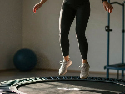 Woman bouncing on a trampoline for lymphatic drainage.